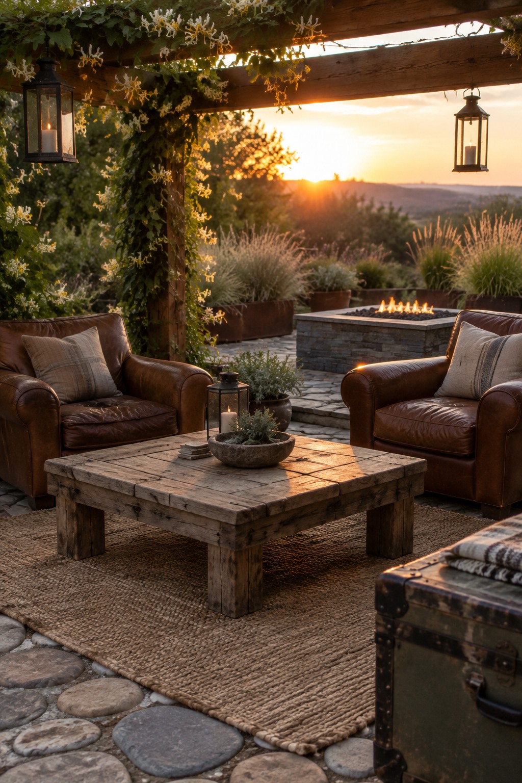 Brown leather armchairs, wooden table on rug, fire pit, lanterns at sunset