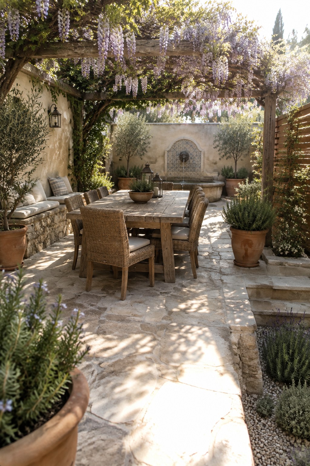 Rustic wooden table with wicker chairs under blooming wisteria pergola on stone patio