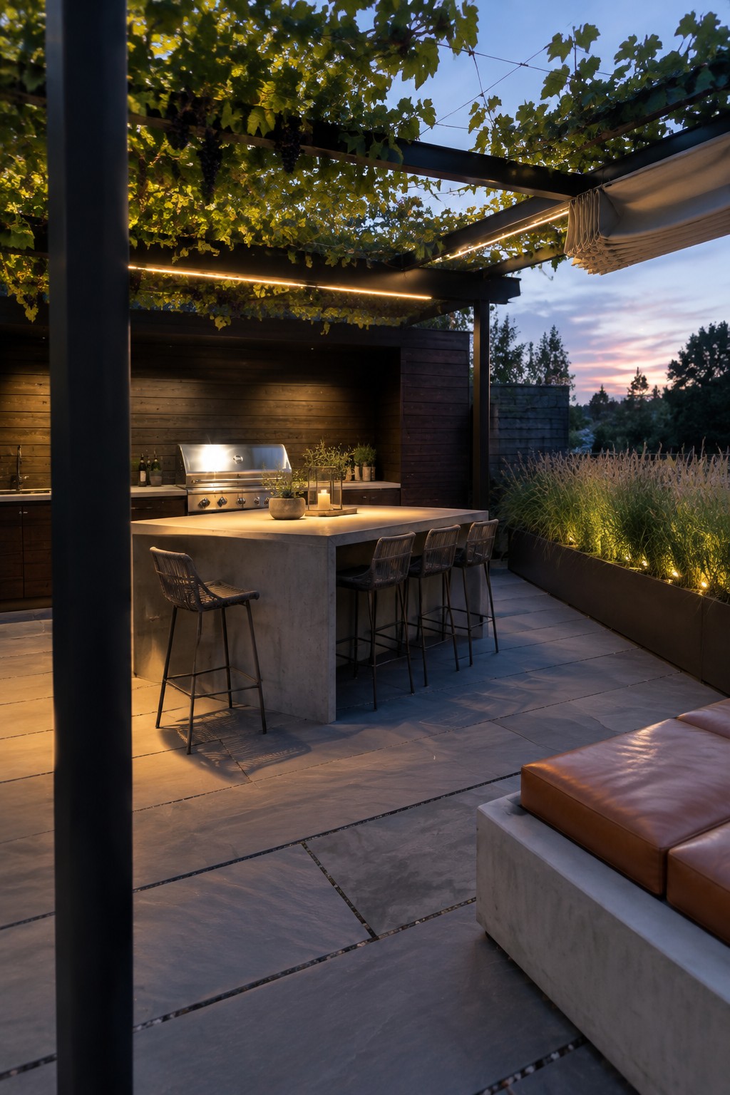 Modern outdoor kitchen with concrete island, bar stools, and vine-covered pergola at dusk