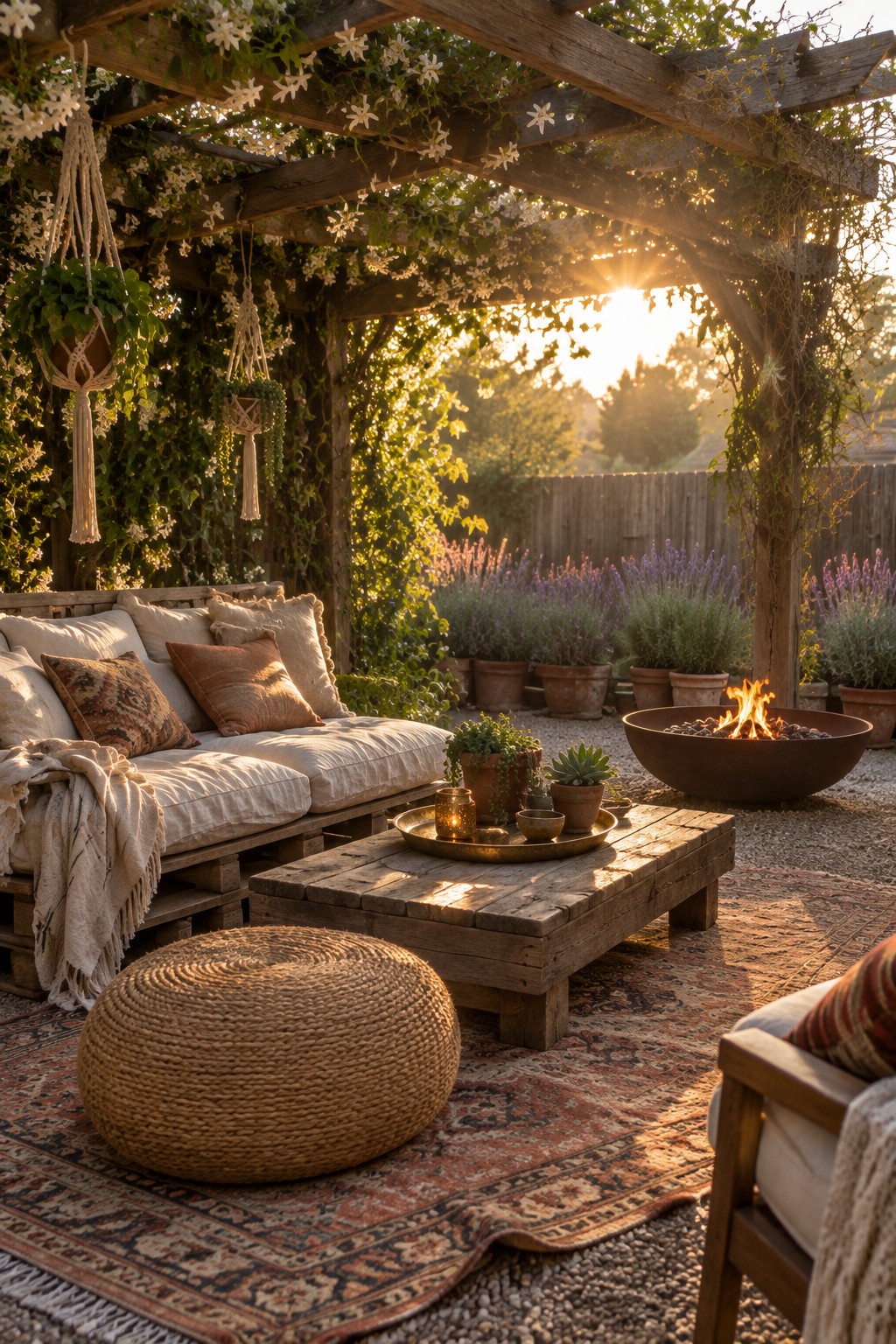 A rustic wooden pergola draped in green vines with white flowers shades a pallet sofa and fire pit on a gravel patio with potted plants nearby.