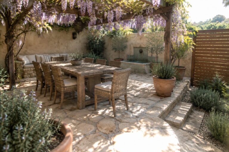 18 Classic Backyard Patio Pergola Ideas Using Climbing Vines for Living Shade Rustic wooden table with wicker chairs under blooming wisteria pergola on stone patio