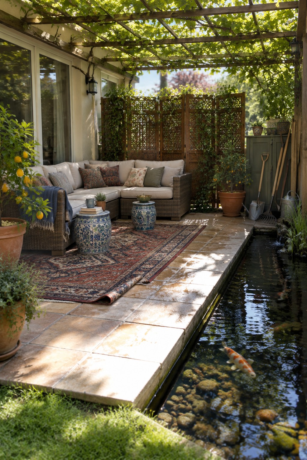 Outdoor patio with wicker sofa, patterned rug, potted plants, and koi pond
