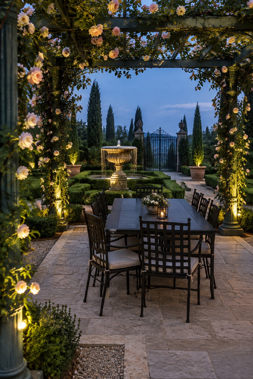 A stone patio under a green pergola covered in blooming pink and white roses, with a dark wood dining table and chairs set beneath it, a stone fountain visible in the background garden at dusk.