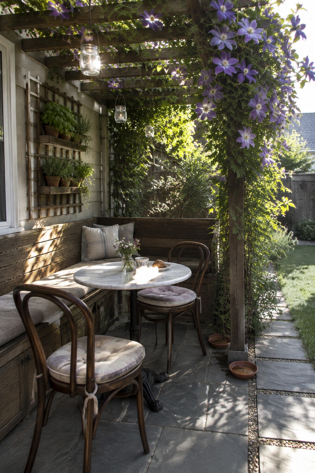 Cozy patio under wooden pergola with blooming purple clematis, marble table and chairs