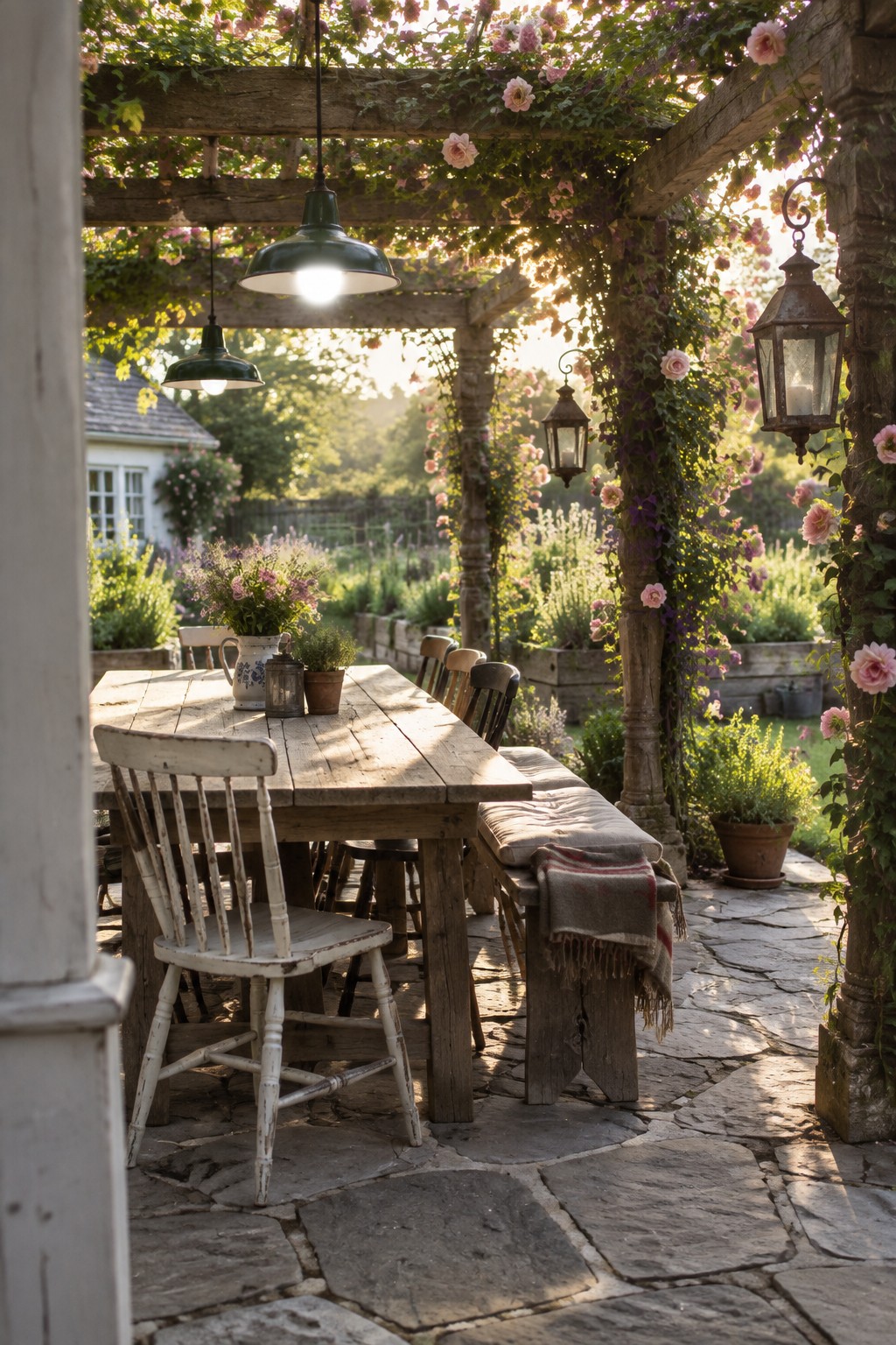 A rustic wooden pergola draped in pink climbing roses shades a weathered dining table and benches on a stone patio.