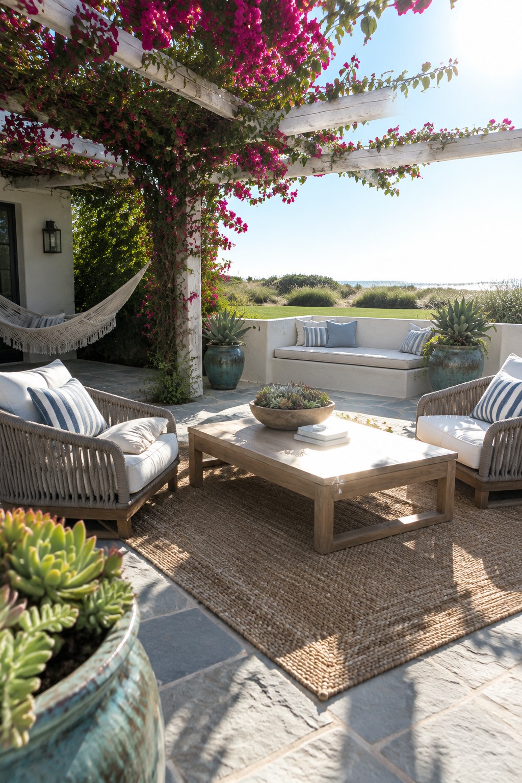 Sunny patio with wicker chairs, wooden table, and pink bougainvillea pergola by the ocean