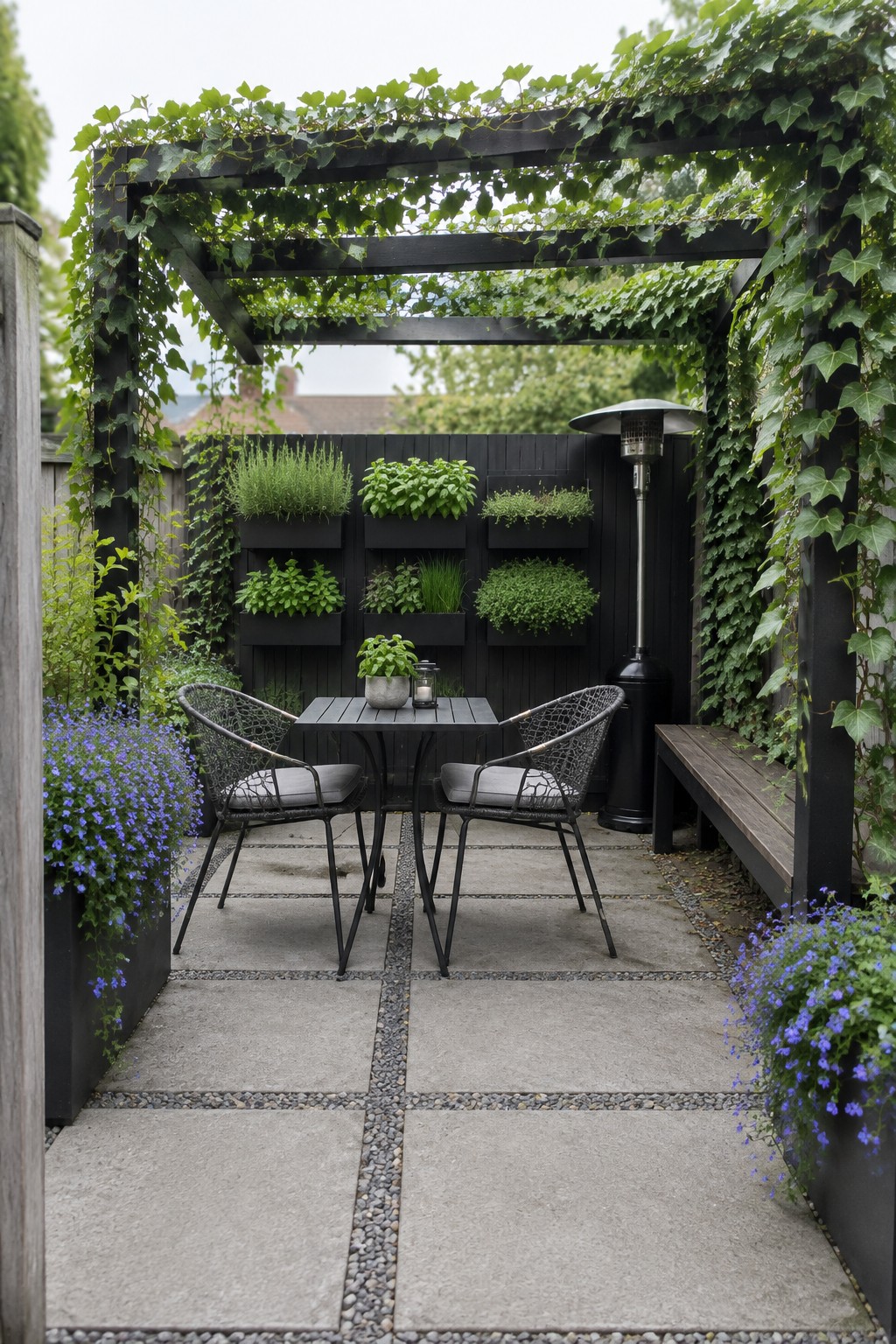A backyard patio with a dark wooden pergola covered in green climbing vines, a small table with two chairs underneath, and wall planters on the fence behind.