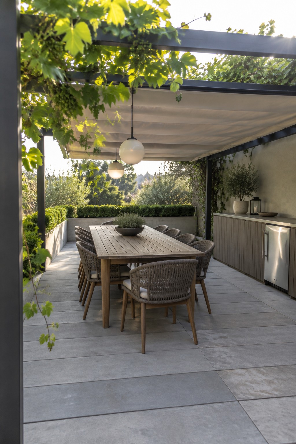 Modern patio dining area with long wood table, woven chairs under vine pergola