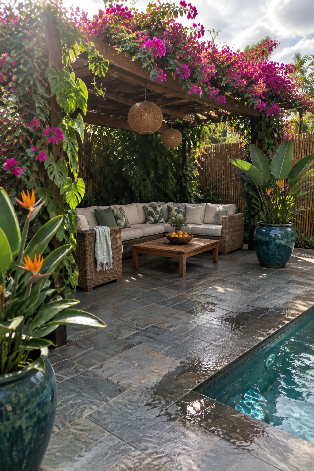 Tropical patio with pink bougainvillea pergola, wicker sofa, and poolside tiles
