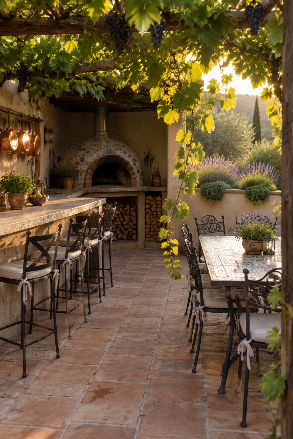 Rustic outdoor patio with pizza oven, bar stools, and grapevine pergola at sunset