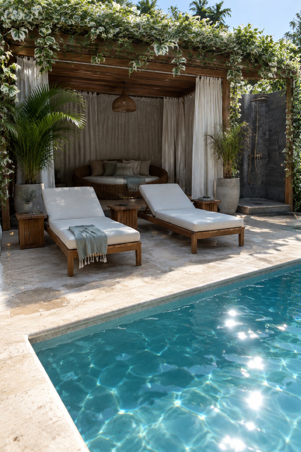 A wooden pergola draped in green and white climbing vines shades two white lounge chairs next to a swimming pool, with an outdoor shower area visible on the right.