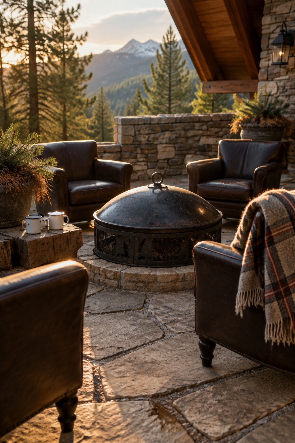 Four dark leather armchairs arranged in a circle around a covered fire pit on a stone patio, with mountain and pine tree views in the background.