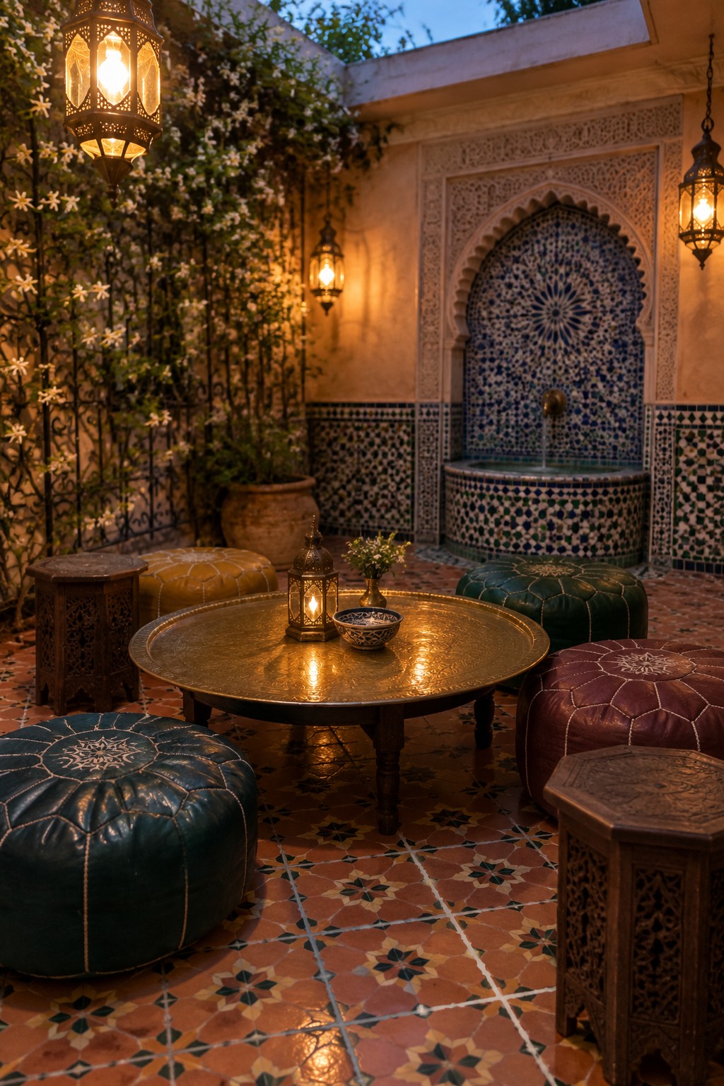 An outdoor patio with a round brass table at the center, surrounded by leather poufs in teal, green, and burgundy, plus wooden stools, hanging lanterns, and a tiled fountain along the back wall.
