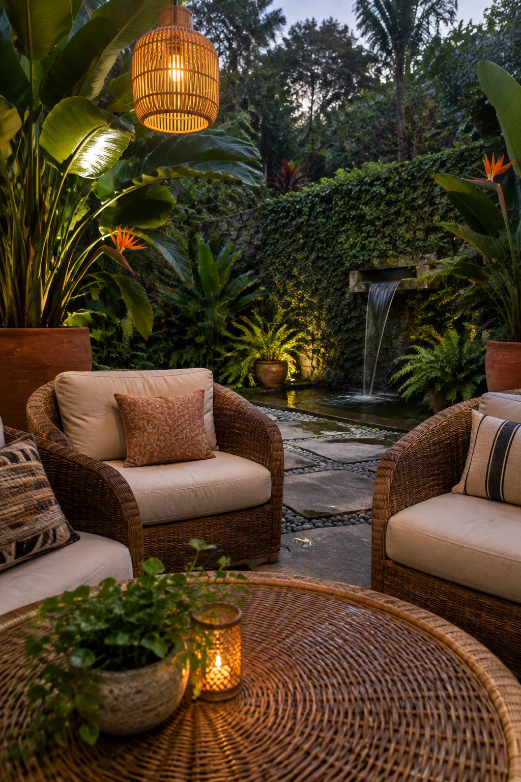 A patio with four cushioned wicker chairs arranged around a round woven coffee table, set against lush tropical plants and a small stone waterfall.