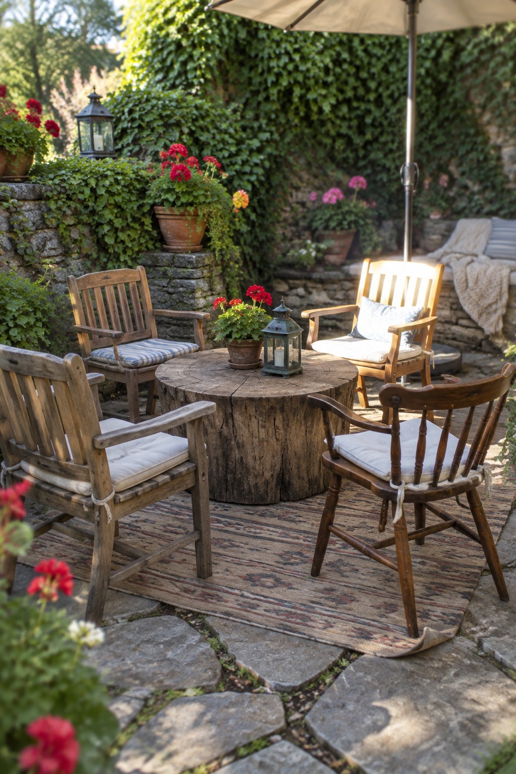 Wooden chairs arranged in a circle around a large tree stump table on a patterned outdoor rug, with potted red flowers and a stone wall in the background.