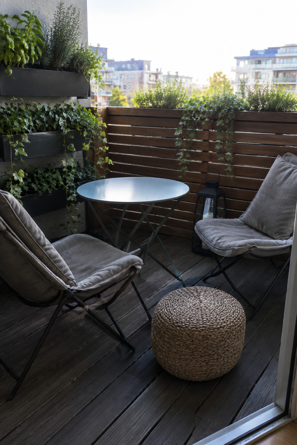 A small wooden balcony with a round metal table, two cushioned folding chairs, a woven pouf, and a black lantern, surrounded by planters with green plants.
