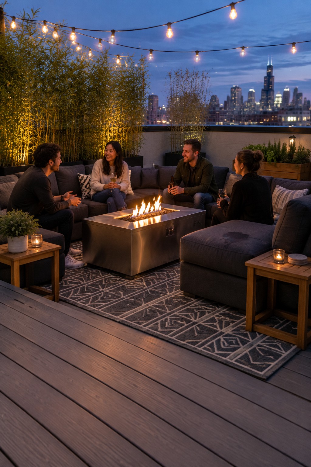 Four friends gathered around a fire pit on a rooftop deck overlooking city skyline at dusk