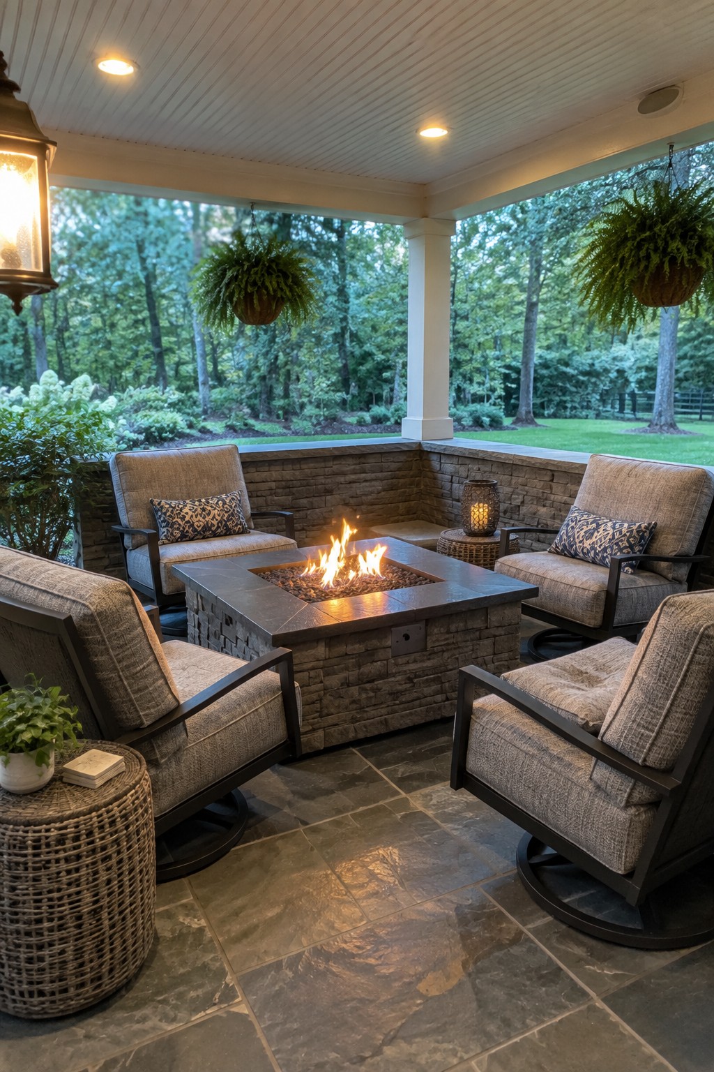 A covered stone patio with four cushioned swivel chairs arranged in a circle around a square fire pit, with hanging ferns and trees visible beyond the low wall.