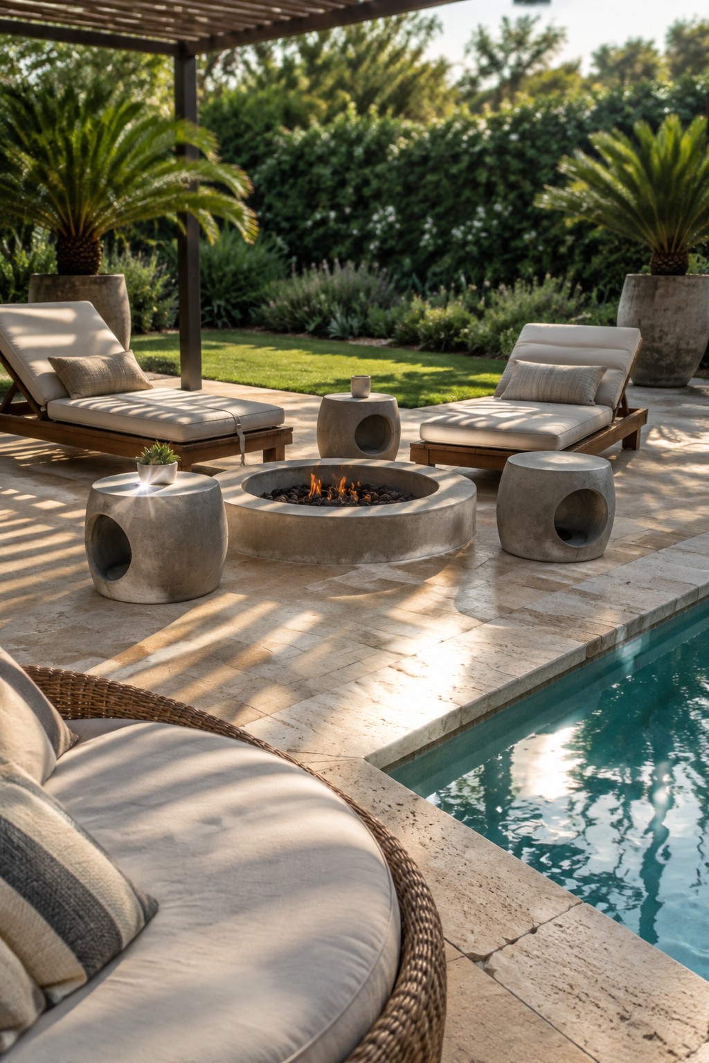 A stone patio with a round concrete fire pit, two lounge chairs, and concrete side tables arranged around it beside a swimming pool.