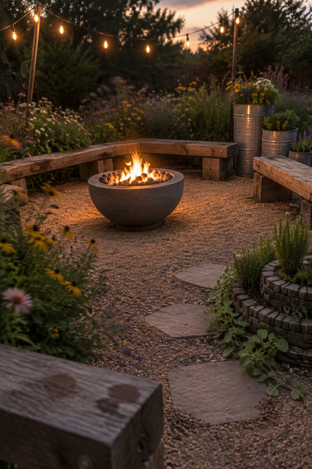 Stone fire pit with flames amid wooden benches, string lights, and blooming garden at dusk.