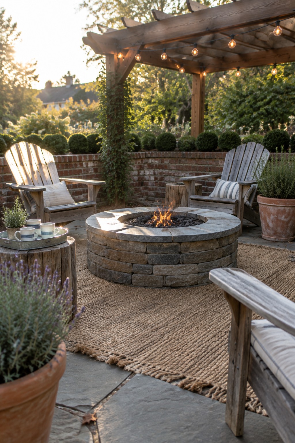 A round stone fire pit with a lit fire sits at the center of a patio, surrounded by wooden Adirondack chairs on a woven rug under a pergola with string lights.