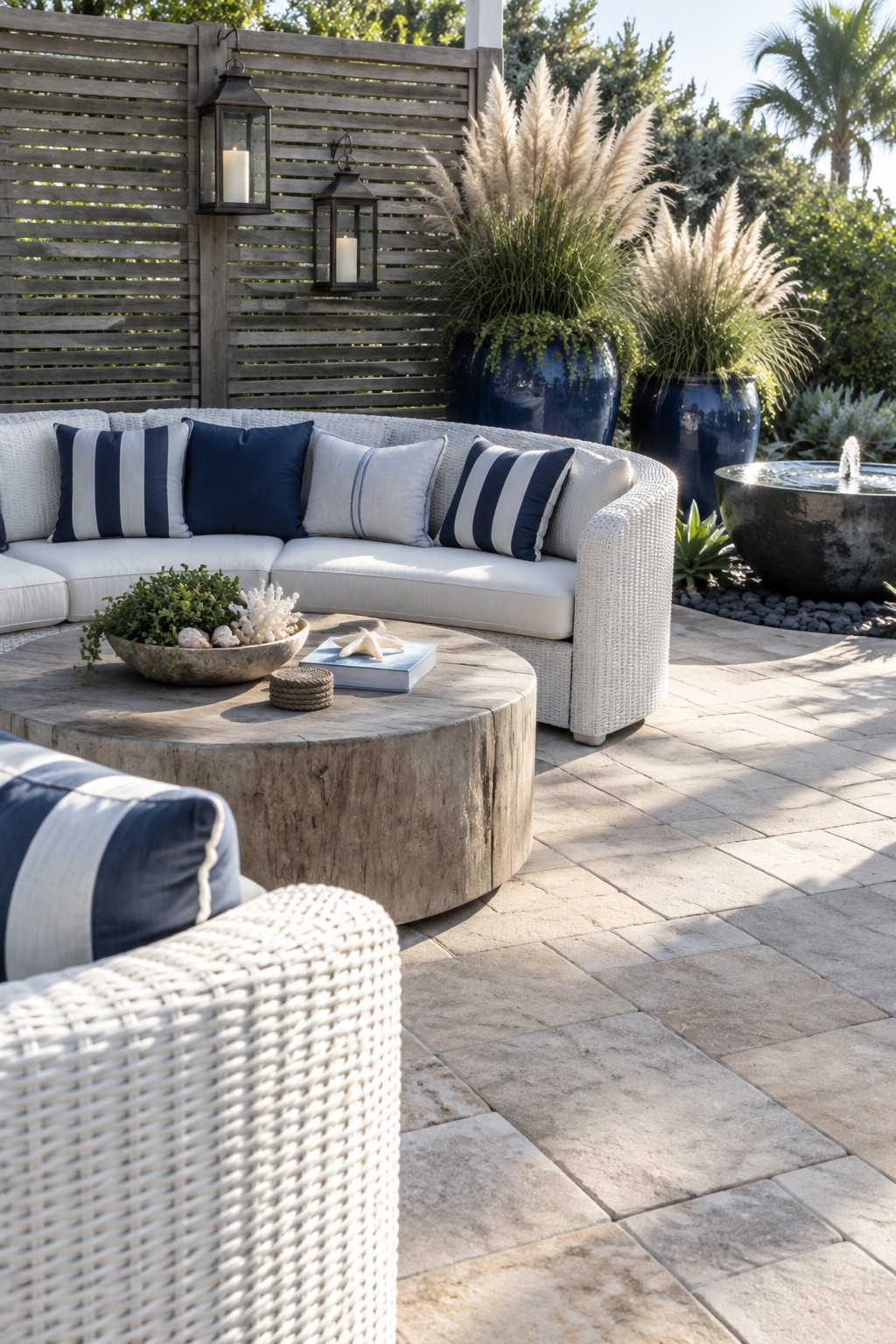 Curved white wicker sectional sofa arranged in a circle around a round wooden coffee table on a stone patio, with navy and striped pillows, two black lanterns on a wooden fence, and large blue planters nearby.