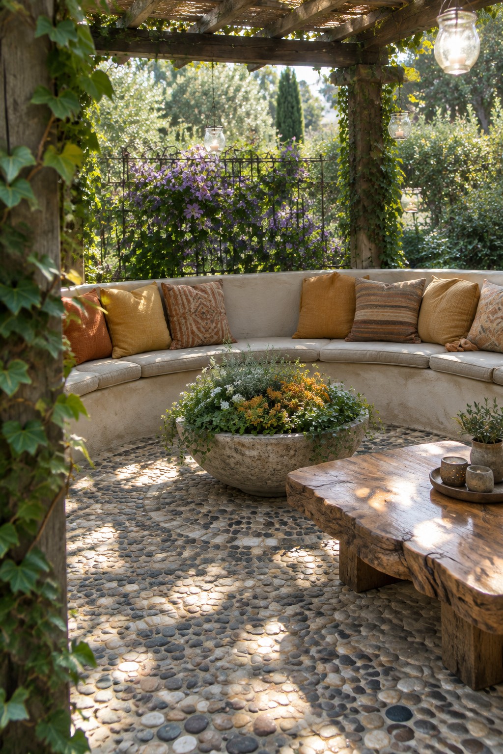 A curved built-in bench with cushions and pillows surrounds a large stone planter on a pebble patio beneath a wooden pergola.