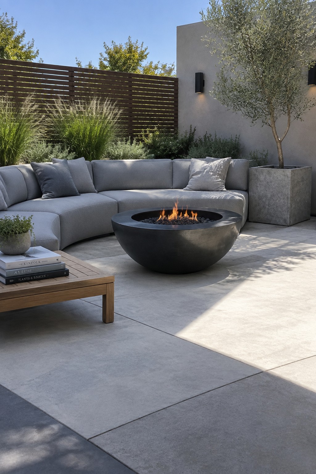 Modern patio with gray sectional sofa around round black fire pit on concrete