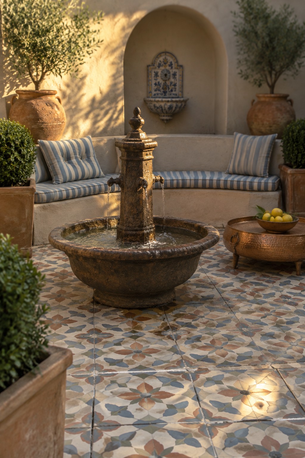Stone fountain with flowing water in sunny courtyard with patterned tiles and striped cushions.
