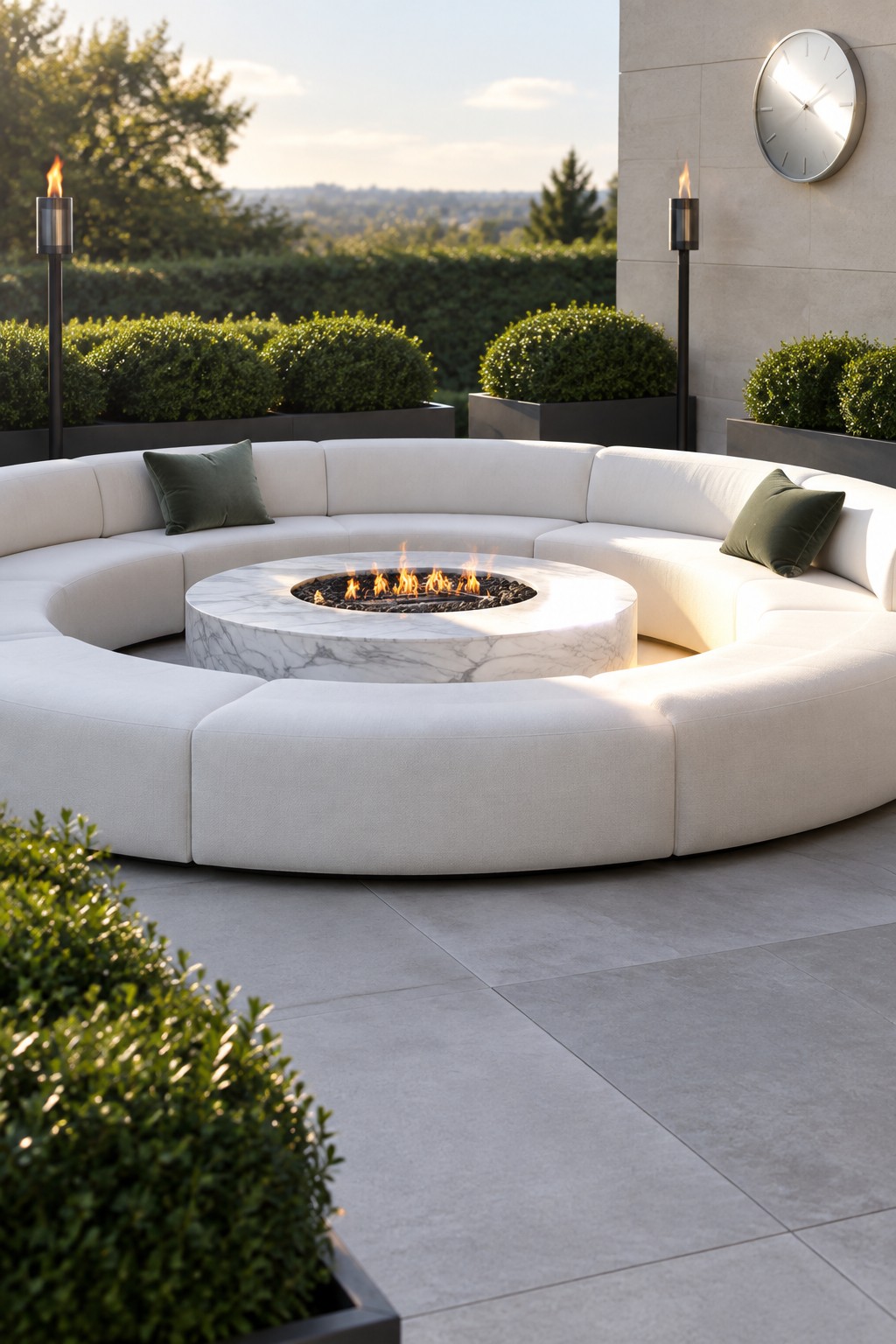 A curved white sectional sofa forms a complete circle around a round marble fire pit on a stone patio, with two tall torches and green shrubs in the background.