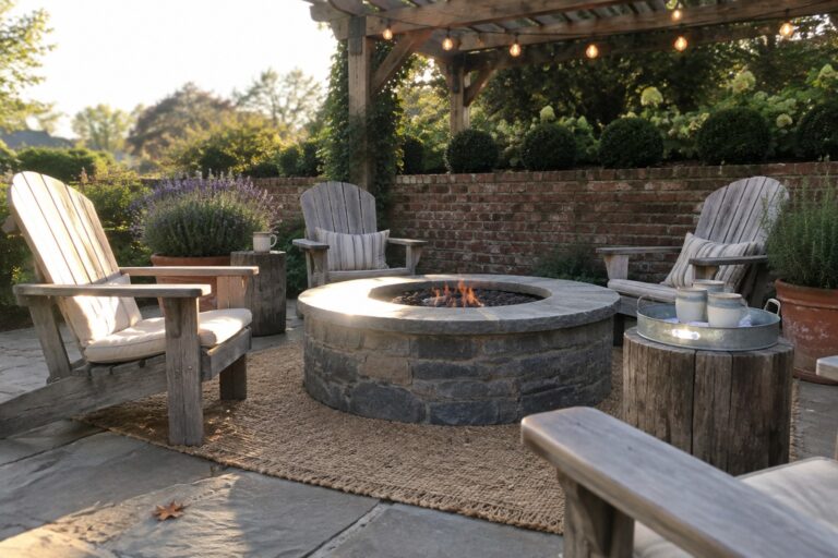 18 Cozy Patio Seating Ideas Arranged Around Conversation Circles A round stone fire pit with a lit fire sits at the center of a patio, surrounded by wooden Adirondack chairs on a woven rug under a pergola with string lights.
