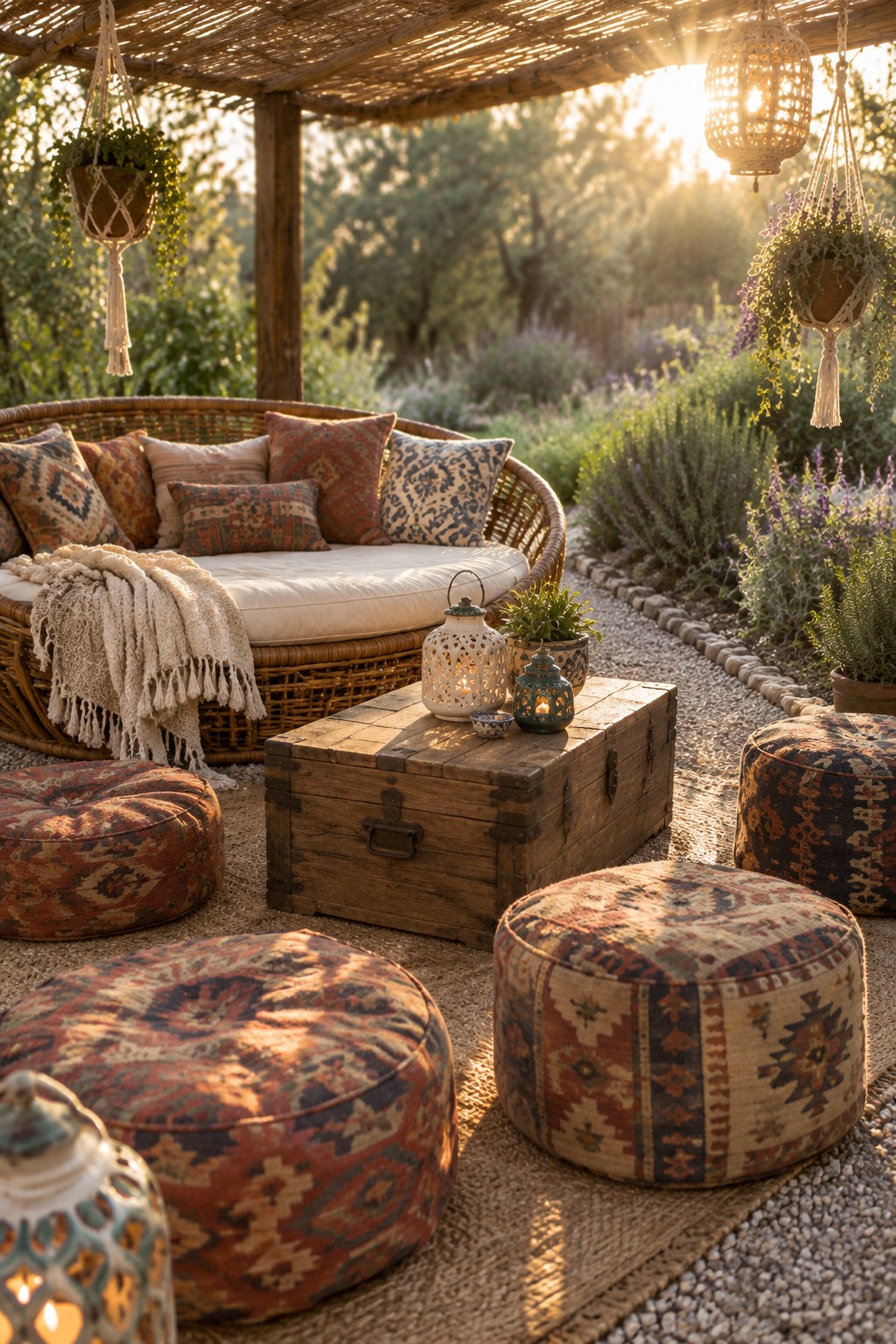 Outdoor patio seating area with a circular wicker daybed, multiple patterned floor poufs arranged around a wooden trunk, hanging lanterns, and potted plants under a pergola.