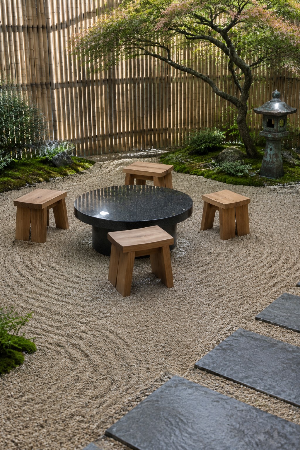A round stone table with four low wooden stools arranged around it on raked gravel in a garden enclosed by a bamboo fence.