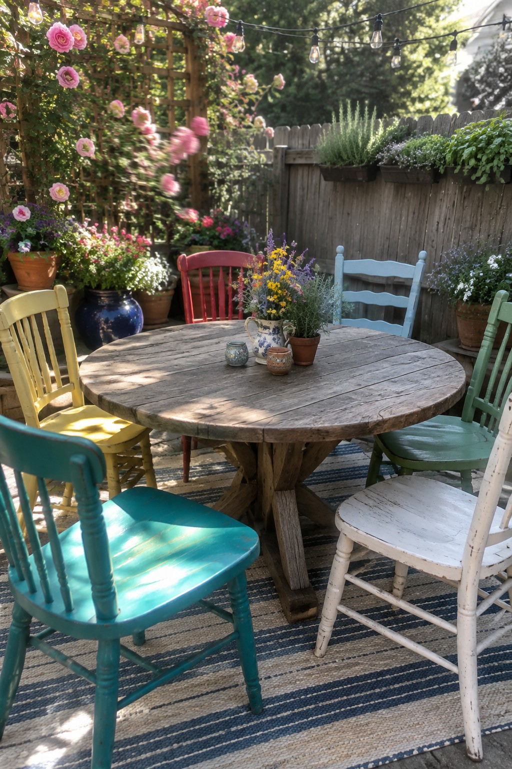 A round wooden table surrounded by mismatched colorful wooden chairs on a striped rug in an outdoor garden patio with potted flowers and string lights overhead.