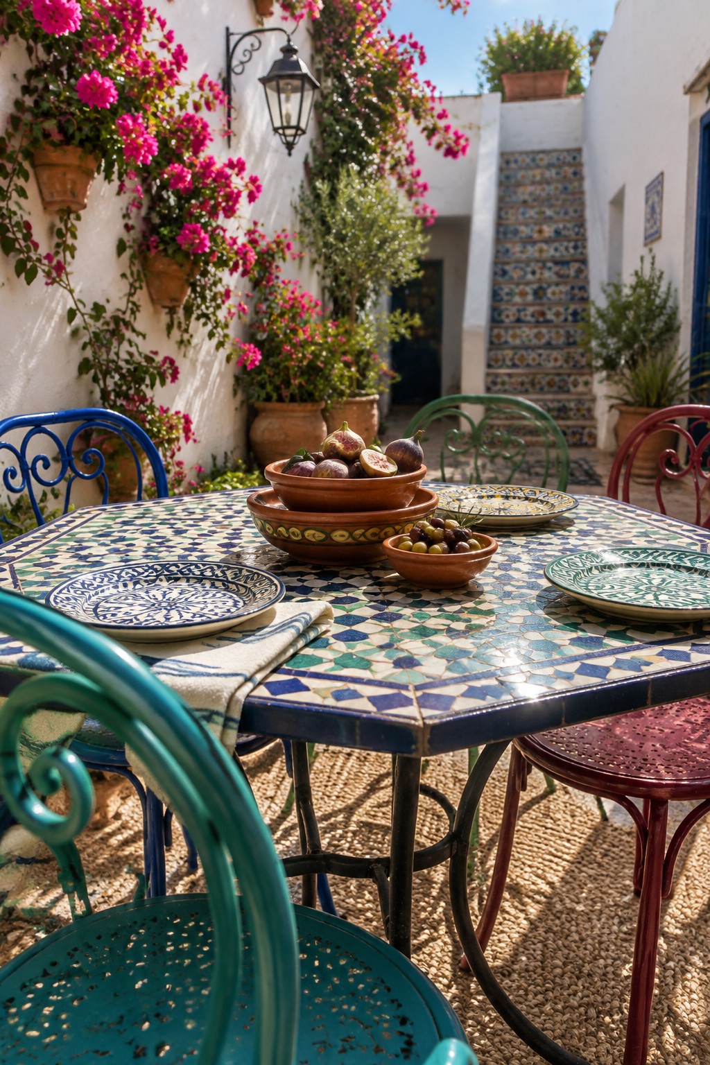 A square patio table with a blue and green mosaic tile top holds terracotta bowls of figs and grapes along with several patterned ceramic plates, surrounded by colorful metal chairs in a flower-filled courtyard.