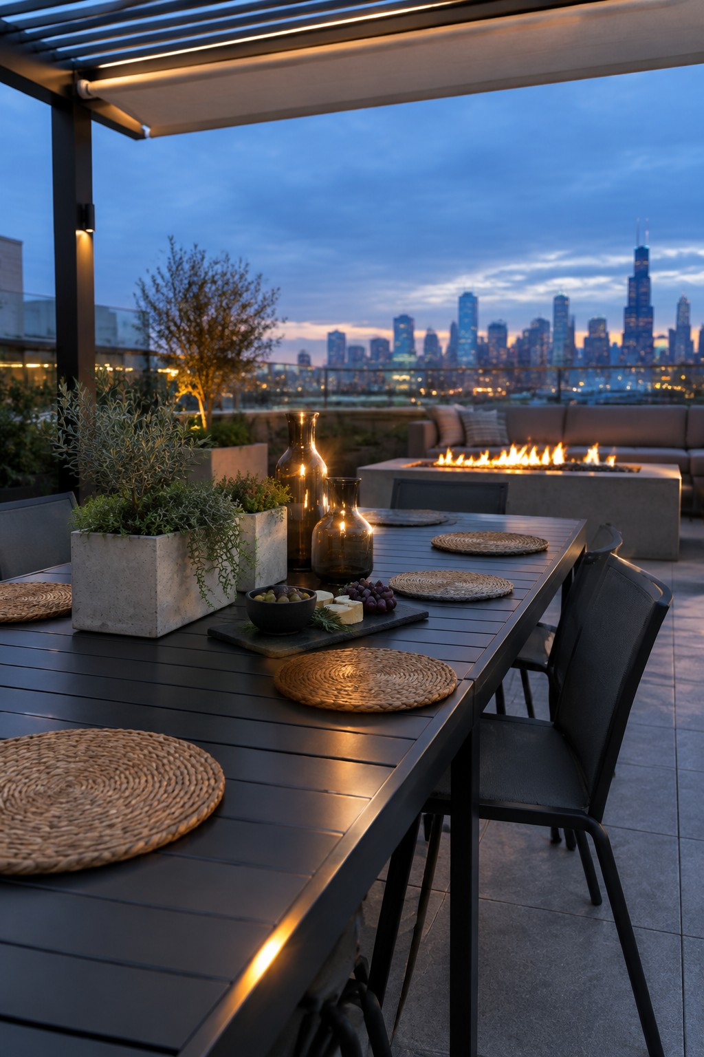 Rustic wooden table with lit candles, red flowers, and wicker chairs on brick patio at sunset