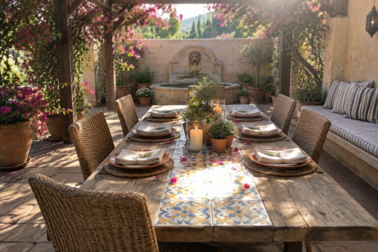 18 Creative Patio Table Decorating Ideas for Outdoor Dining and Entertaining A long wooden patio dining table with a blue and white striped runner, set with white plates, rolled napkins, a wooden bowl centerpiece filled with succulents and oyster shells, and a metal lantern, overlooking the sea.
