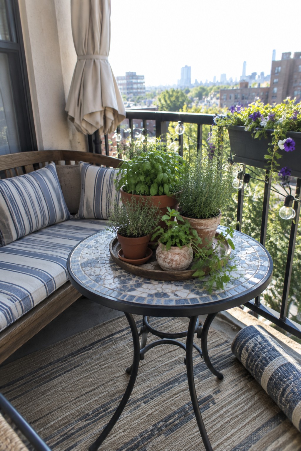 A round mosaic-top patio table on a city balcony holds a wooden tray with multiple potted herbs, next to a striped cushioned bench and string lights.