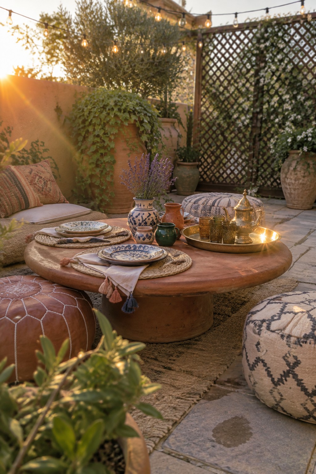 A large round wooden table with blue patterned plates and a brass tray sits on a stone patio, surrounded by brown leather and woven poufs, with potted plants and string lights in the background.