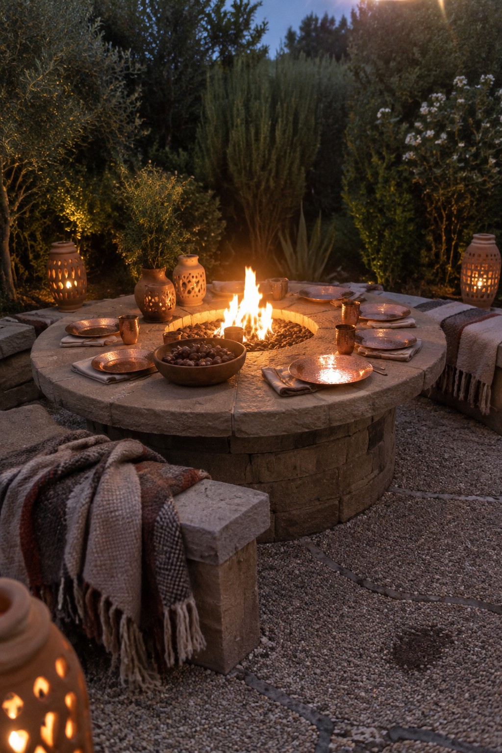 A circular stone fire pit table set with copper plates and bowls, surrounded by lanterns and blankets in a garden at dusk.