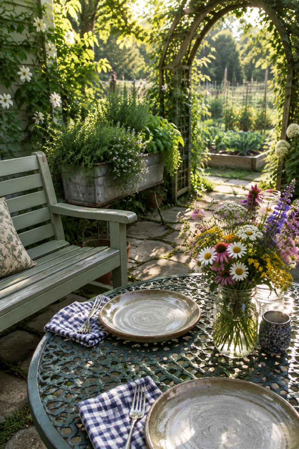 A green metal patio table set with ceramic plates, blue and white checkered napkins, forks, and a clear mason jar filled with colorful wildflowers, placed in a garden with a wooden arch and potted plants nearby.