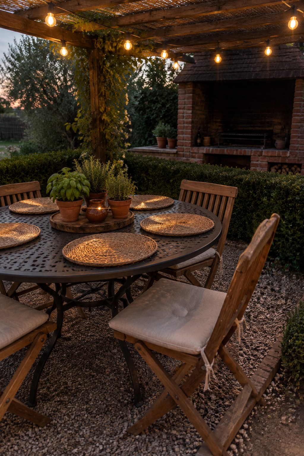 Round table with woven placemats, herb pots, and chairs under string lights by brick fireplace