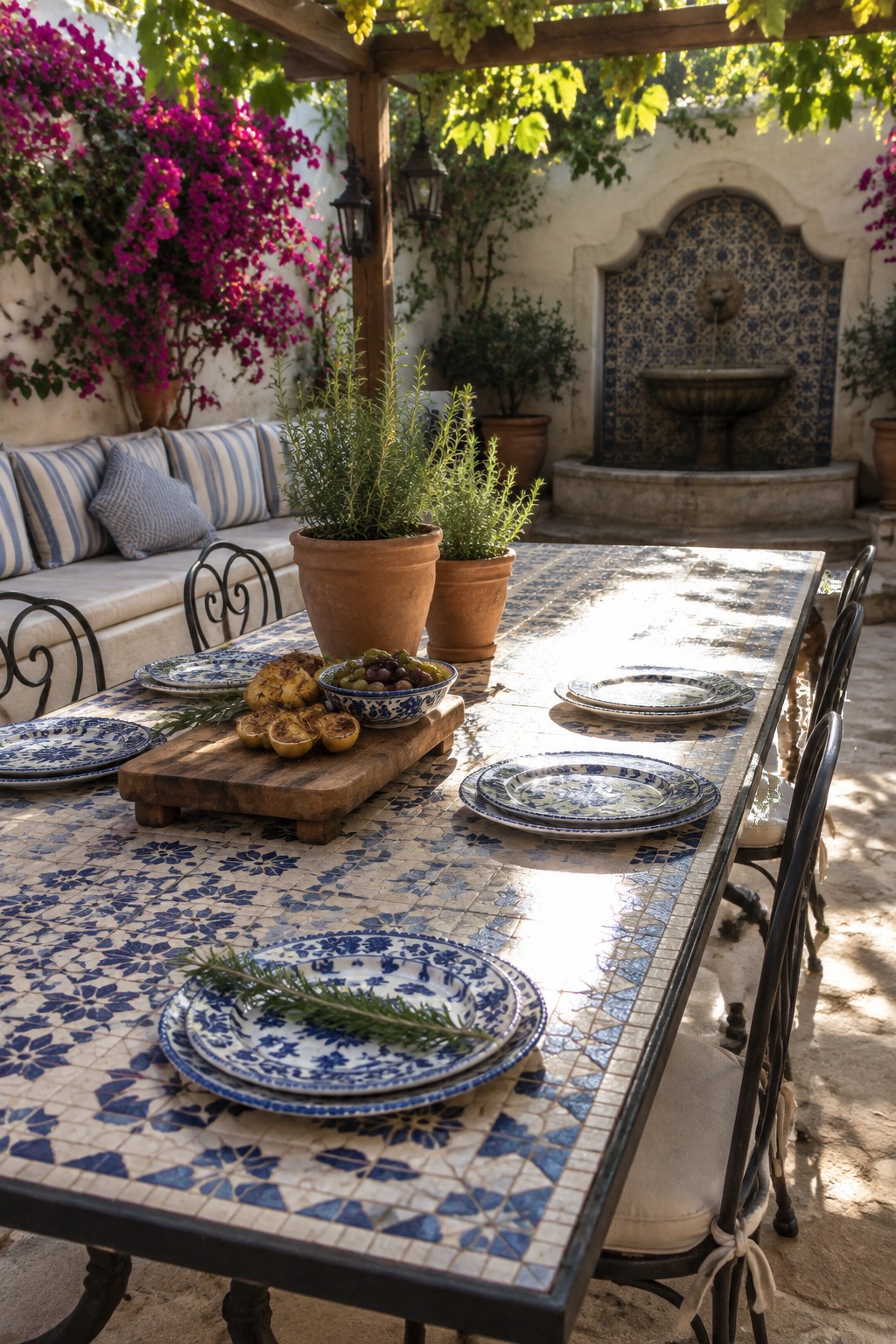 A long outdoor dining table covered in blue and white tiles, set with matching plates, a wooden board of food, and two terracotta pots of rosemary in the center, with a fountain and bougainvillea in the background.
