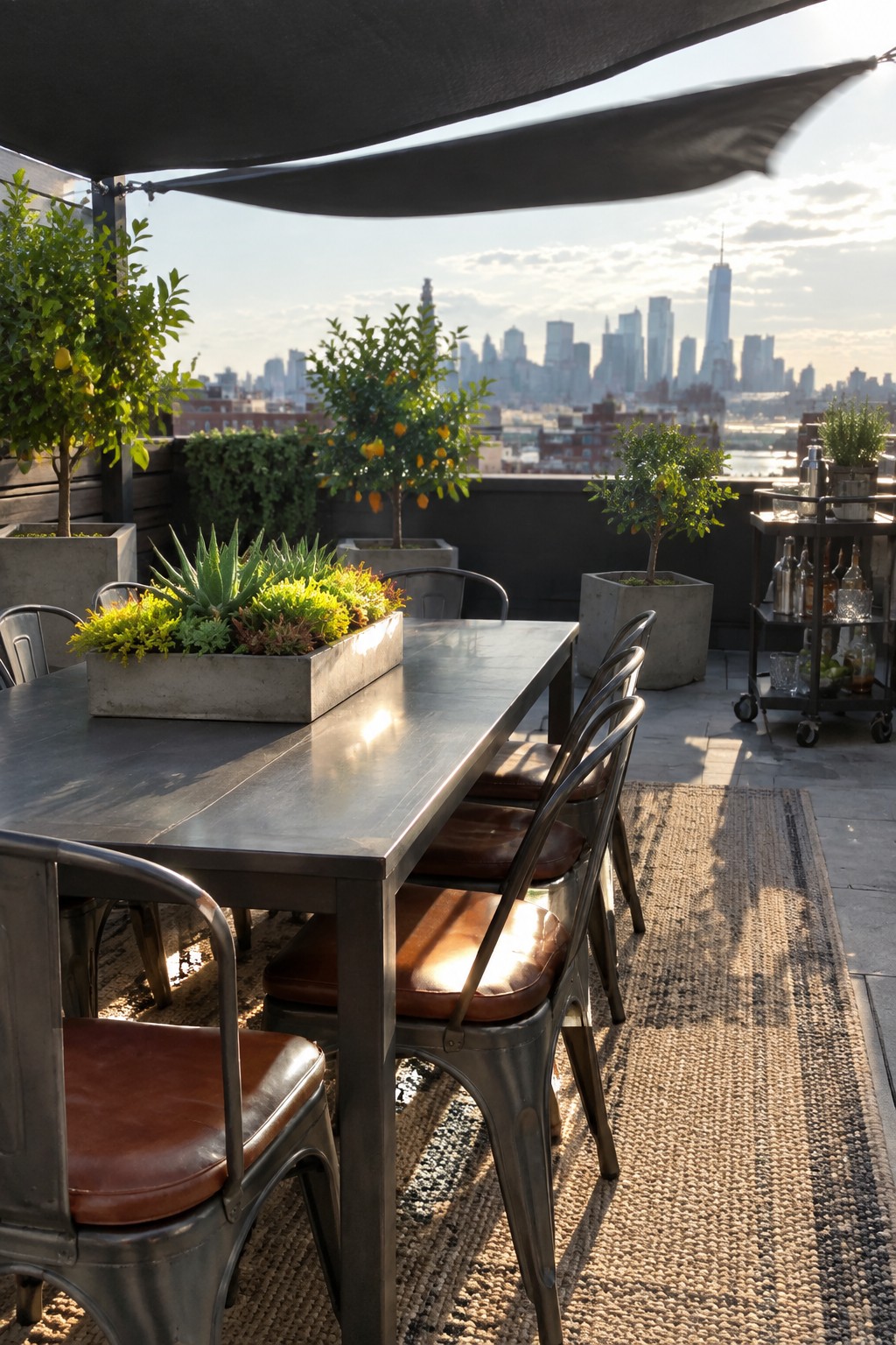 Rooftop dining table with metal chairs, plants, and Manhattan skyline at sunset
