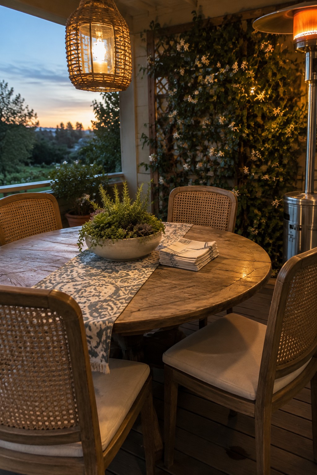 A round wooden patio table with a patterned runner, a bowl of succulents in the center, woven chairs, an overhead wicker lantern, and a patio heater beside an ivy covered wall at dusk.
