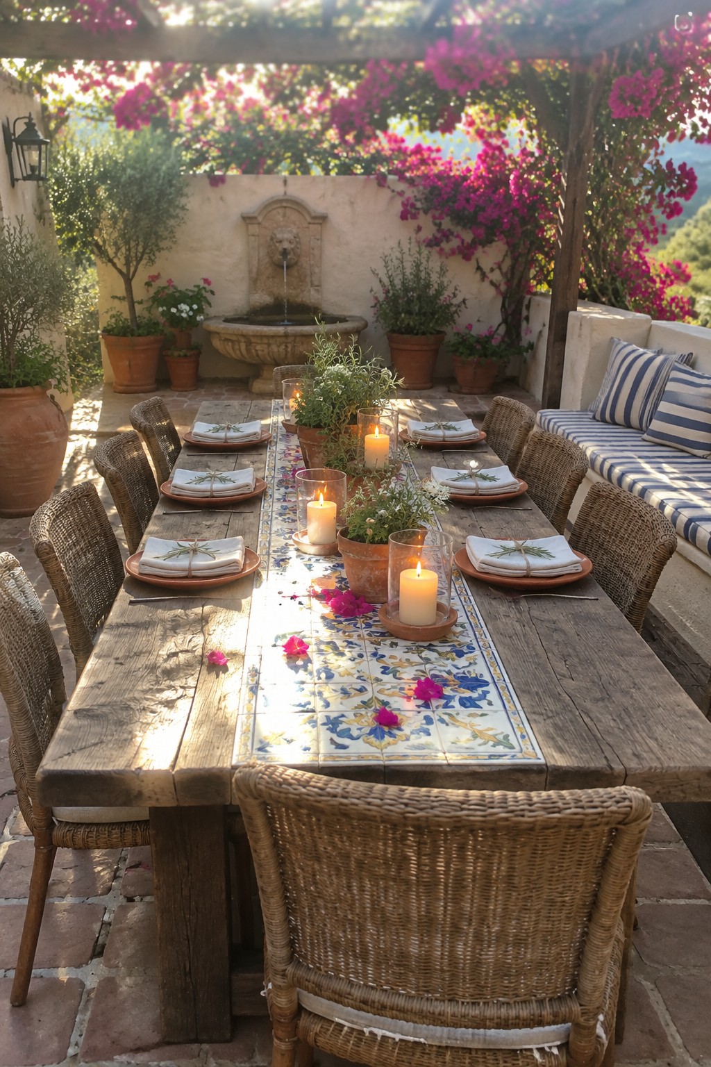 A long wooden patio dining table with a blue and white striped runner, set with white plates, rolled napkins, a wooden bowl centerpiece filled with succulents and oyster shells, and a metal lantern, overlooking the sea.