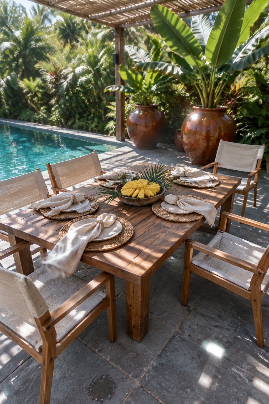 Outdoor wooden table set with napkins and pineapple by tropical pool and plants