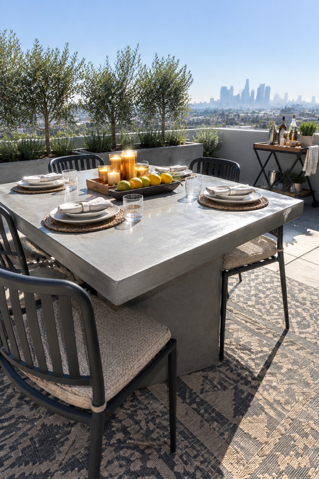 Rooftop concrete dining table with candles, fruit, black chairs, and city skyline view
