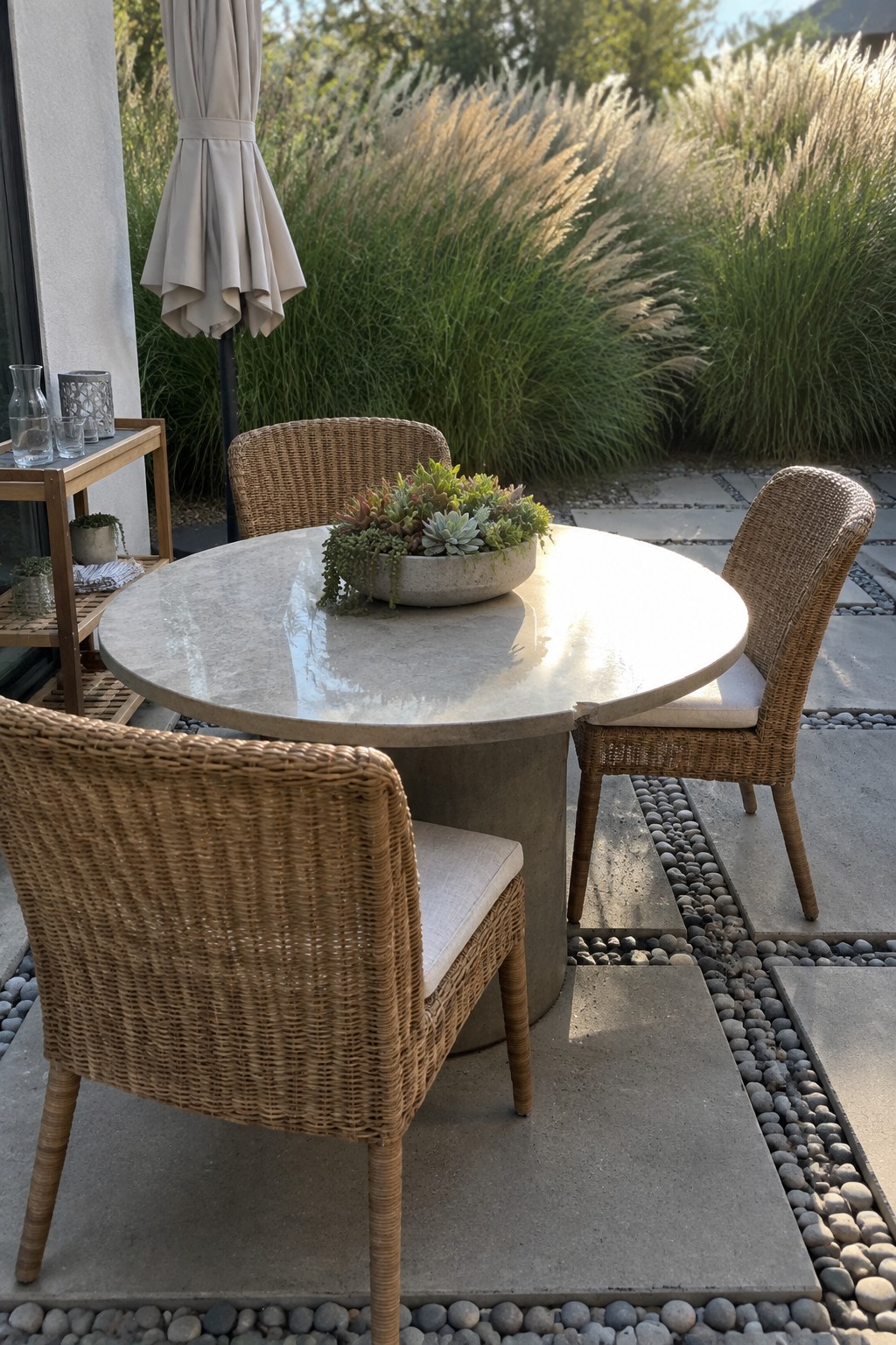 A round concrete patio table with a wide shallow bowl of succulents in the center, flanked by two woven chairs on a stone paver patio with an umbrella to one side.