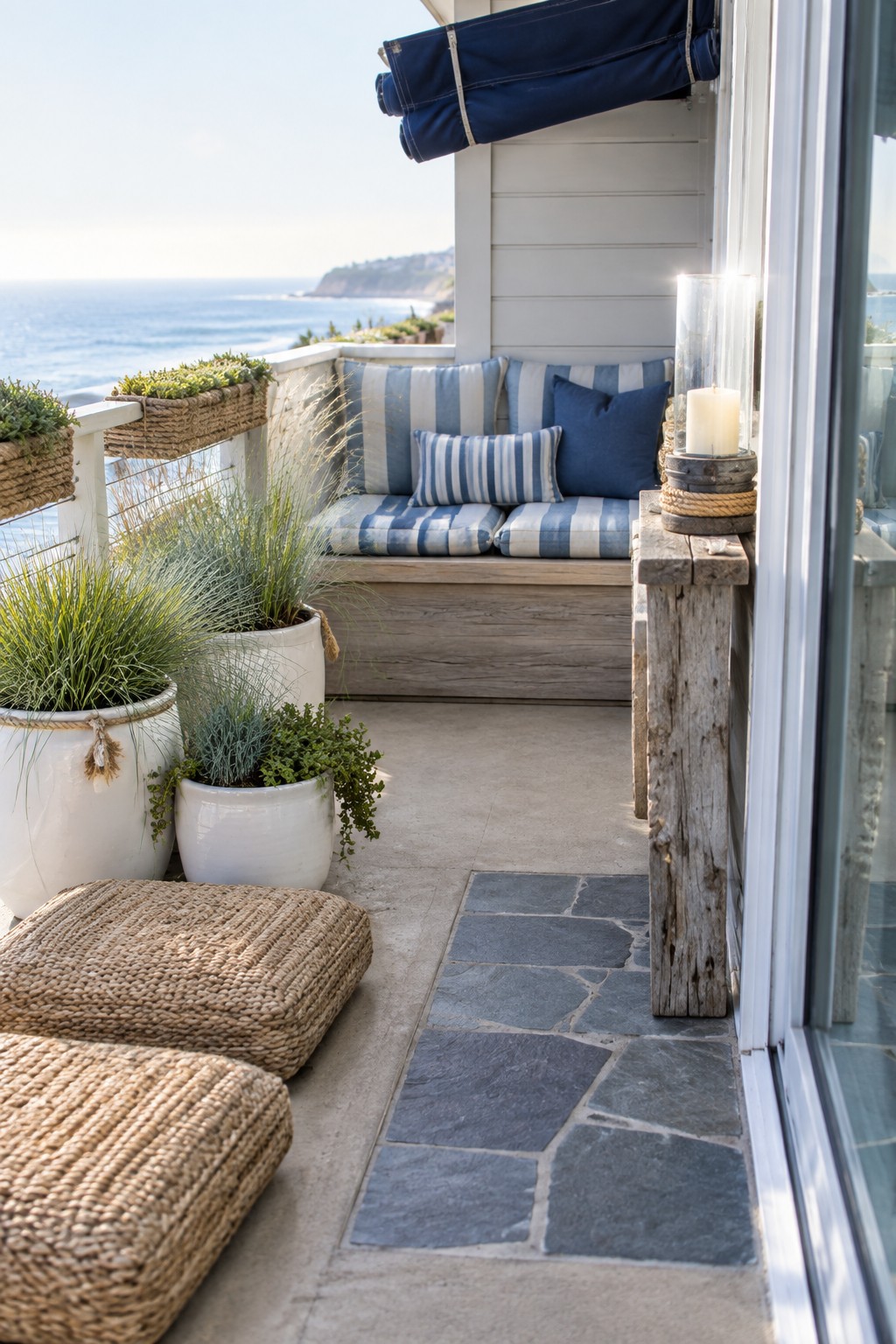 A narrow outdoor patio with a built-in wooden bench, blue and white striped cushions, potted plants, woven floor cushions, and a lit candle on a rustic side table overlooking the ocean.